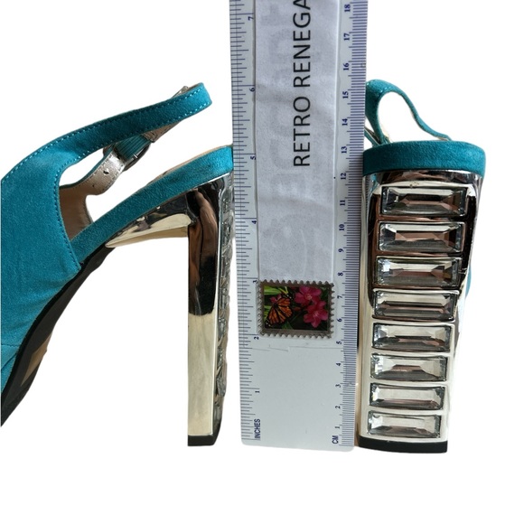 Teal Platform High Heels Size 8.5 Womens Block Heel 4.5” Faux Suede Bling Silver - Picture 12 of 13